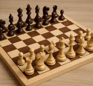 Klassisches Holzschachbrett mit Staunton-Figuren in Startposition