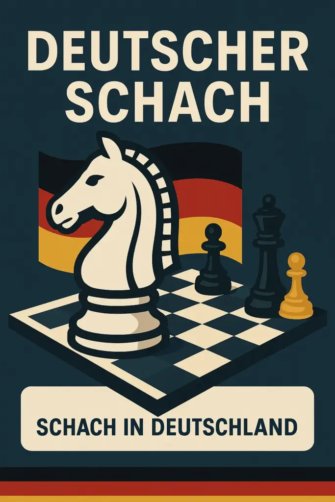 Illustration mit einem weißen Springer auf einem Schachbrett vor der deutschen Flagge, daneben weitere Schachfiguren und der Schriftzug „Deutscher Schach – Schach in Deutschland