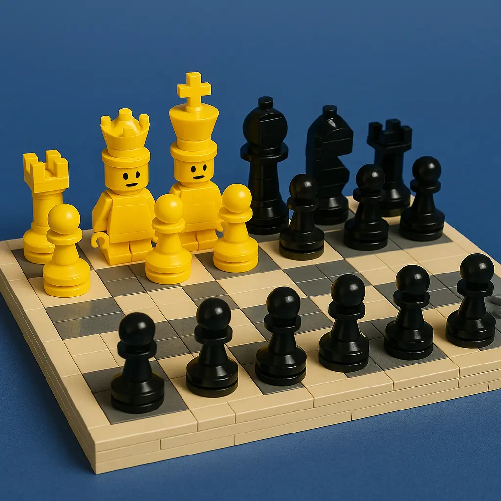 Lego-Schachspiel mit gelben und schwarzen Figuren, darunter zwei gelbe Lego-Minifiguren als König und Dame, auf einem Schachbrett aus Legosteinen vor blauem Hintergrund