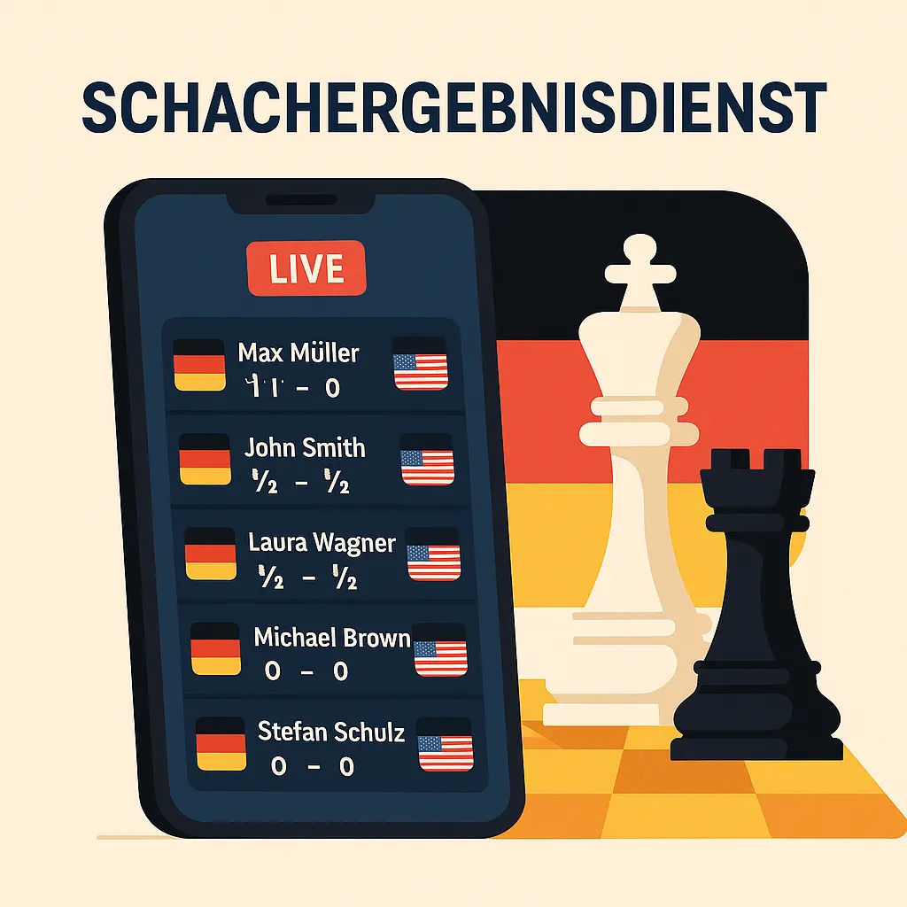 llustration eines Smartphones mit Live-Schachergebnissen deutscher und amerikanischer Spieler, daneben Schachfiguren und die deutsche Flagge