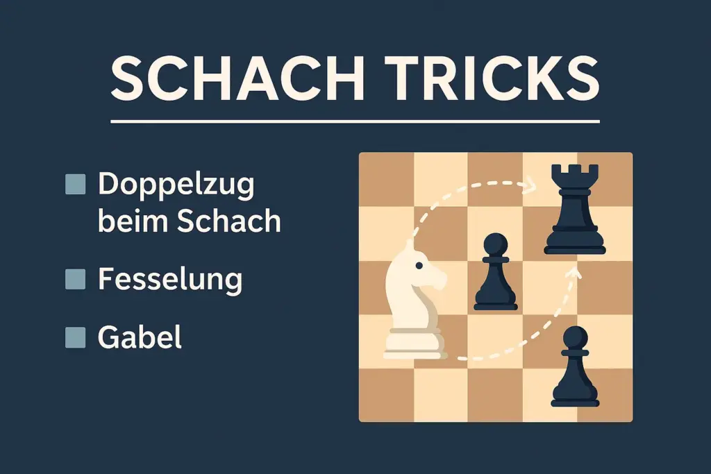 Grafik mit Schachbrett, auf dem ein weißer Springer eine Gabel zwischen zwei schwarzen Bauern und einem Turm ausführt – daneben Text mit den Schachtricks Doppelzug, Fesselung und Gabel.